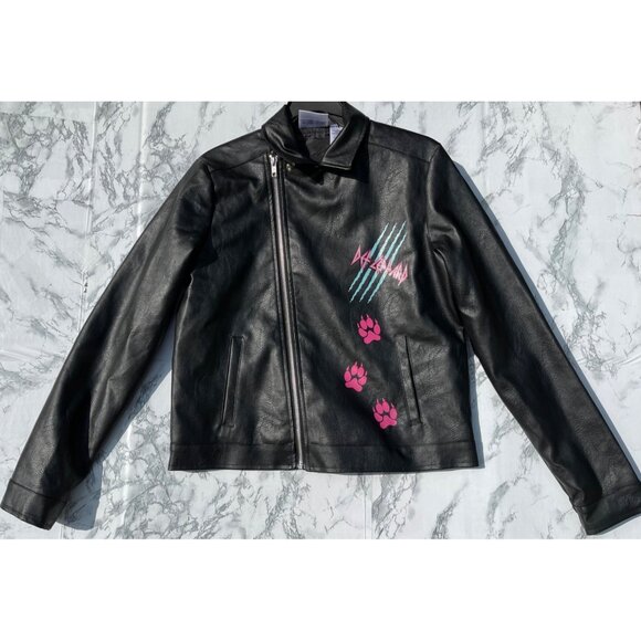 Def Leppard Girls Moto Jacket Black Leather Look Size 14/16 With Pink Paw Prints - Picture 1 of 7